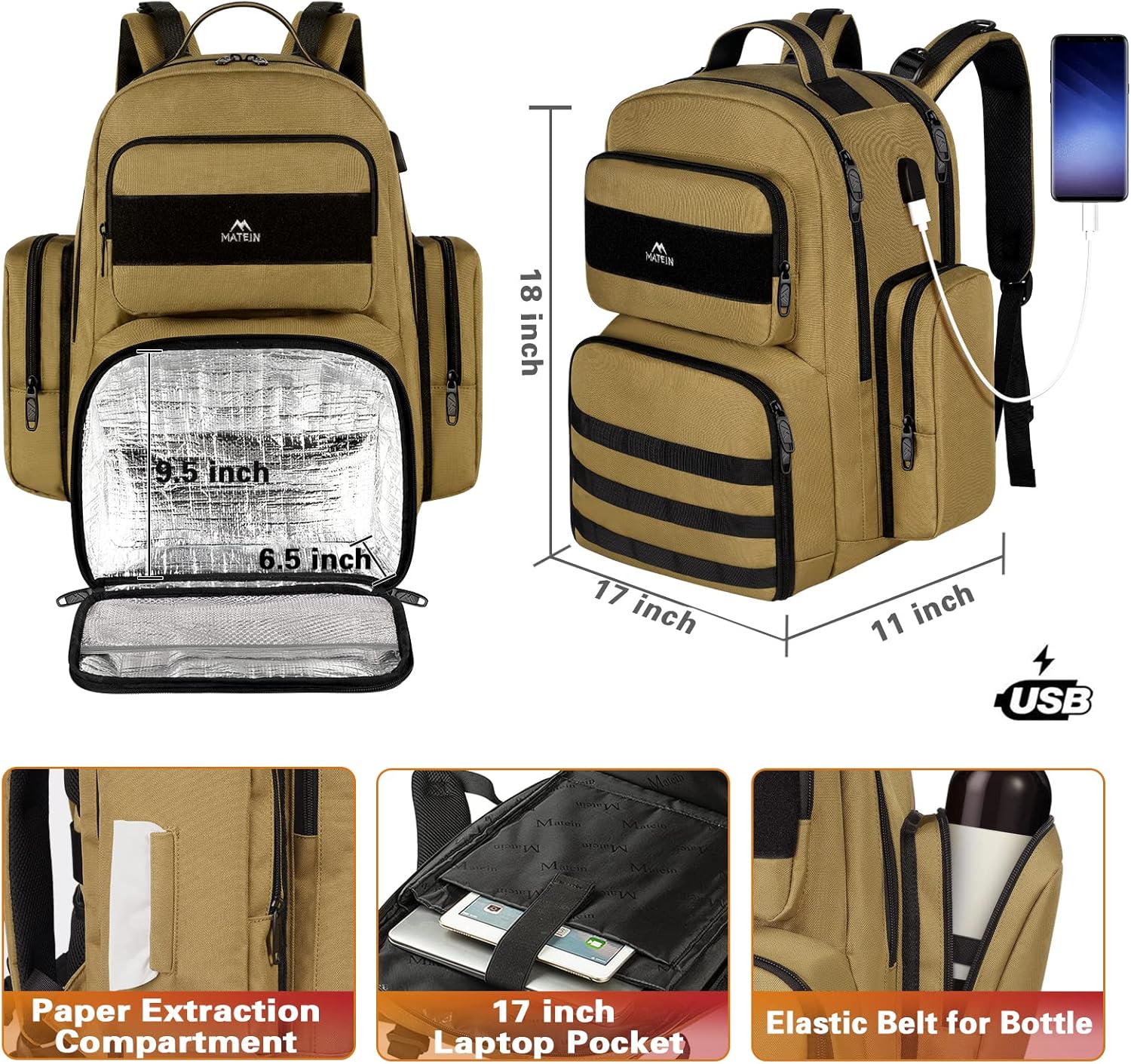 MATEIN Lunch Backpack for Men, 17 Inch Travel Laptop Backpack Insulated Cooler Bag Lunch box Rucksack with USB Charging Port, Extra Large Water Resistant College Work Computer Daypack Gifts for Men - Image 3