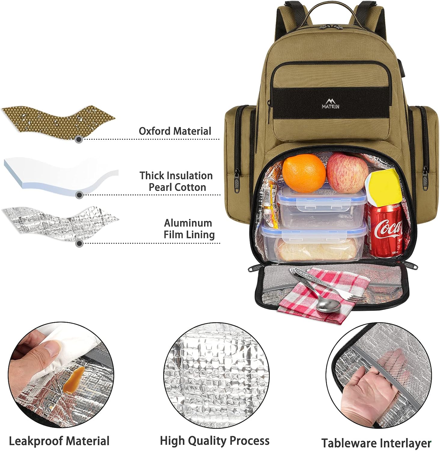 MATEIN Lunch Backpack for Men, 17 Inch Travel Laptop Backpack Insulated Cooler Bag Lunch box Rucksack with USB Charging Port, Extra Large Water Resistant College Work Computer Daypack Gifts for Men - Image 5