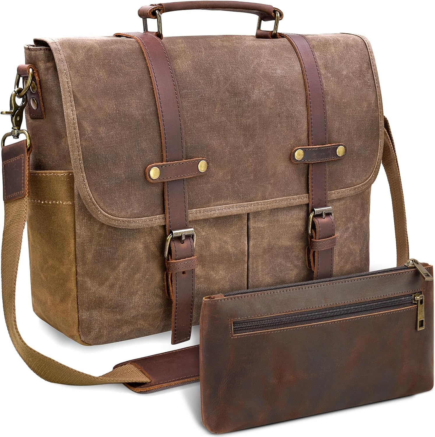 Mens Messenger Bag 15.6 Inch Waterproof Vintage Genuine Leather Waxed Canvas Briefcase Large Leather Computer Laptop Bag Rugged Satchel Shoulder Bag, Brown - Image 11