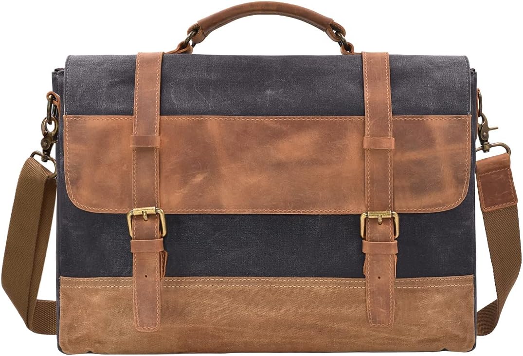 Mens Messenger Bag 15.6 Inch Waterproof Vintage Genuine Leather Waxed Canvas Briefcase Large Leather Computer Laptop Bag Rugged Satchel Shoulder Bag, Brown - Image 12