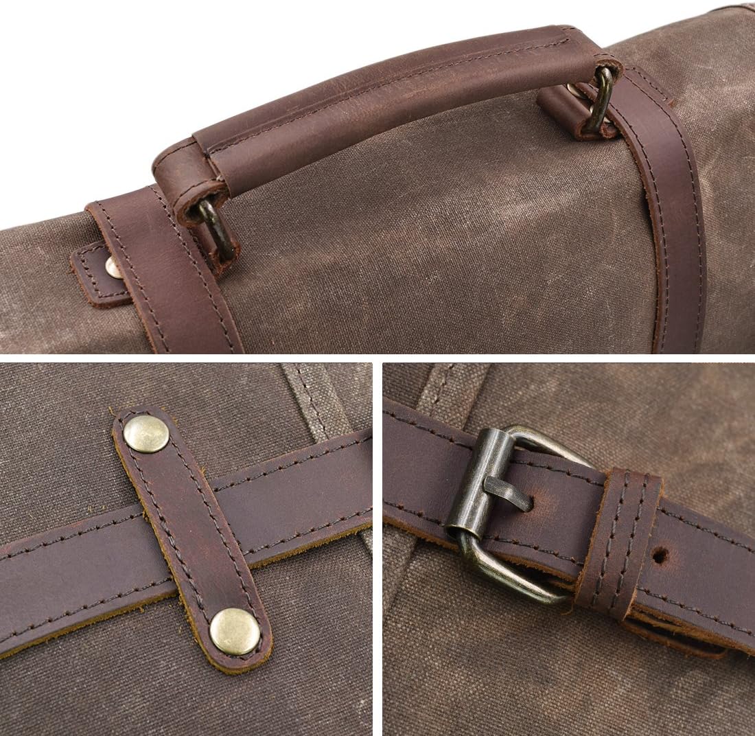Mens Messenger Bag 15.6 Inch Waterproof Vintage Genuine Leather Waxed Canvas Briefcase Large Leather Computer Laptop Bag Rugged Satchel Shoulder Bag, Brown - Image 9
