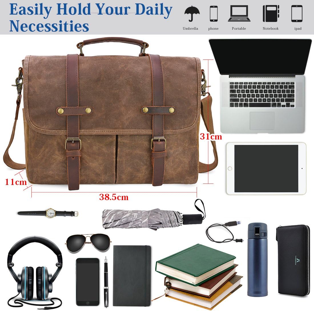 Mens Messenger Bag 15.6 Inch Waterproof Vintage Genuine Leather Waxed Canvas Briefcase Large Leather Computer Laptop Bag Rugged Satchel Shoulder Bag, Brown - Image 3
