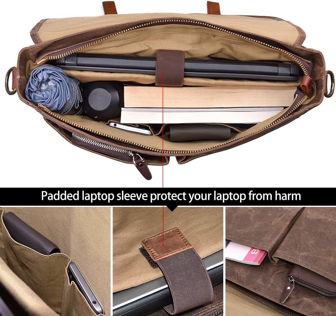 Mens Messenger Bag 15.6 Inch Waterproof Vintage Genuine Leather Waxed Canvas Briefcase Large Leather Computer Laptop Bag Rugged Satchel Shoulder Bag, Brown - Image 4