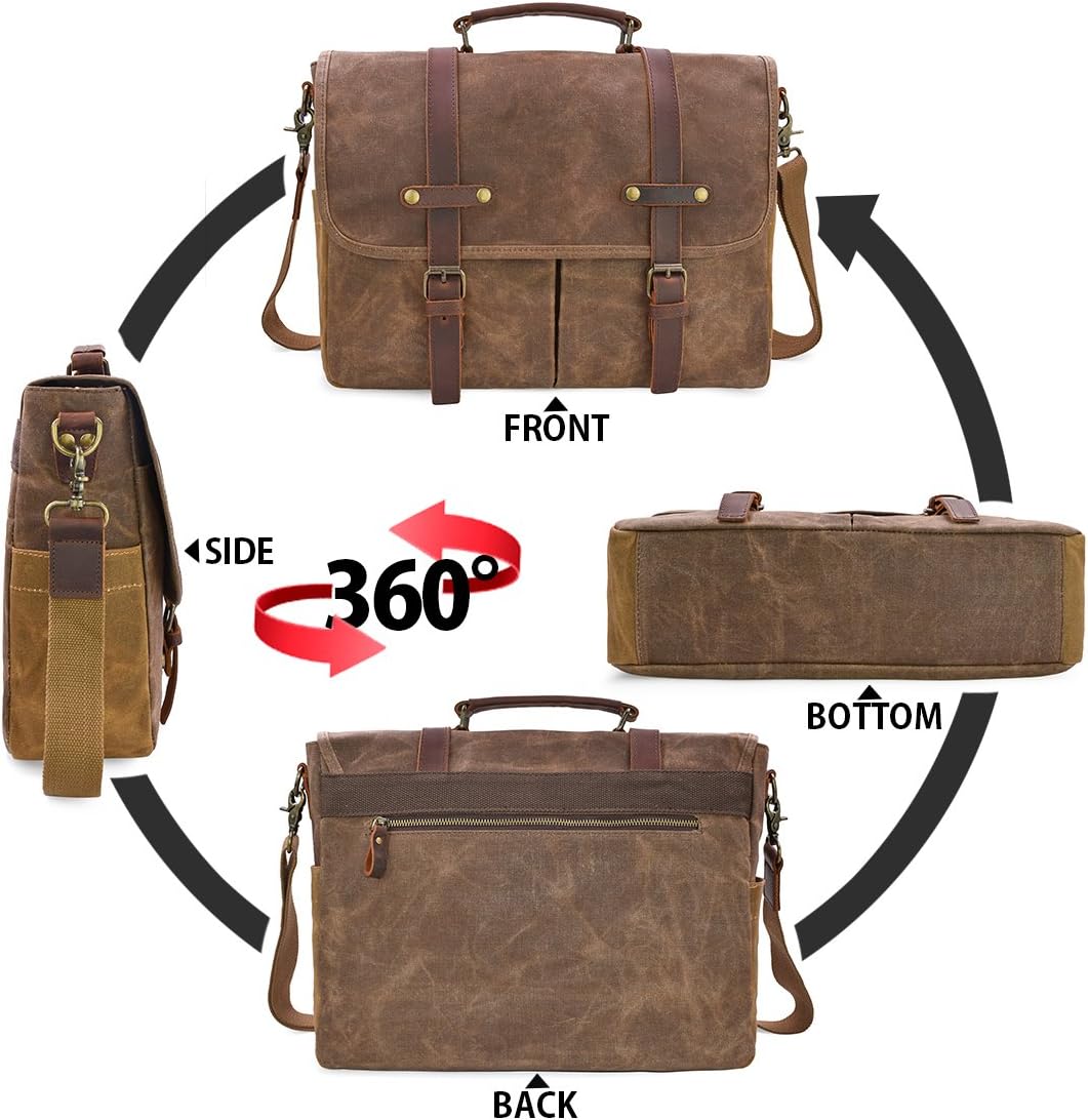 Mens Messenger Bag 15.6 Inch Waterproof Vintage Genuine Leather Waxed Canvas Briefcase Large Leather Computer Laptop Bag Rugged Satchel Shoulder Bag, Brown - Image 6