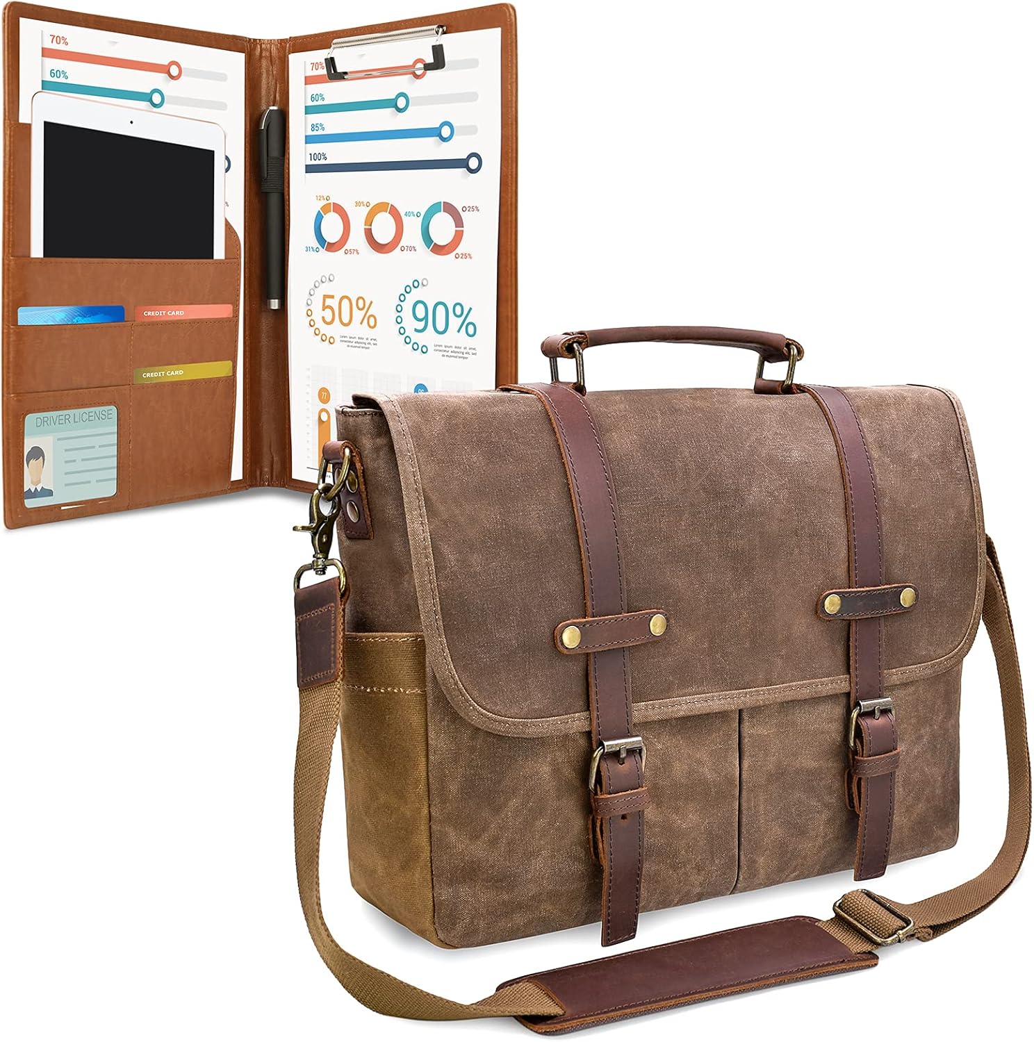 Mens Messenger Bag 15.6 Inch Waterproof Vintage Genuine Leather Waxed Canvas Briefcase Large Leather Computer Laptop Bag Rugged Satchel Shoulder Bag, Brown - Image 14