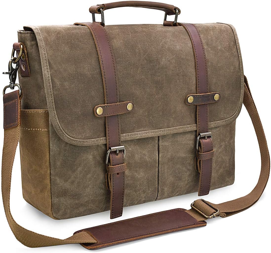 Mens Messenger Bag 15.6 Inch Waterproof Vintage Genuine Leather Waxed Canvas Briefcase Large Leather Computer Laptop Bag Rugged Satchel Shoulder Bag, Brown - Image 15