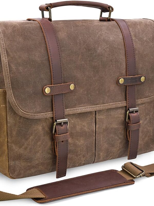 Mens Messenger Bag 15.6 Inch Waterproof Vintage Genuine Leather Waxed Canvas Briefcase Large Leather Computer Laptop Bag Rugged Satchel Shoulder Bag, Brown