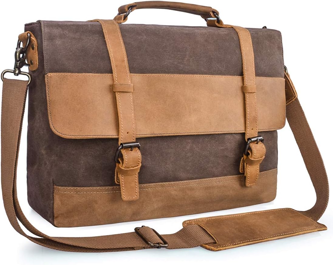 Mens Messenger Bag 15.6 Inch Waterproof Vintage Genuine Leather Waxed Canvas Briefcase Large Leather Computer Laptop Bag Rugged Satchel Shoulder Bag, Brown - Image 13