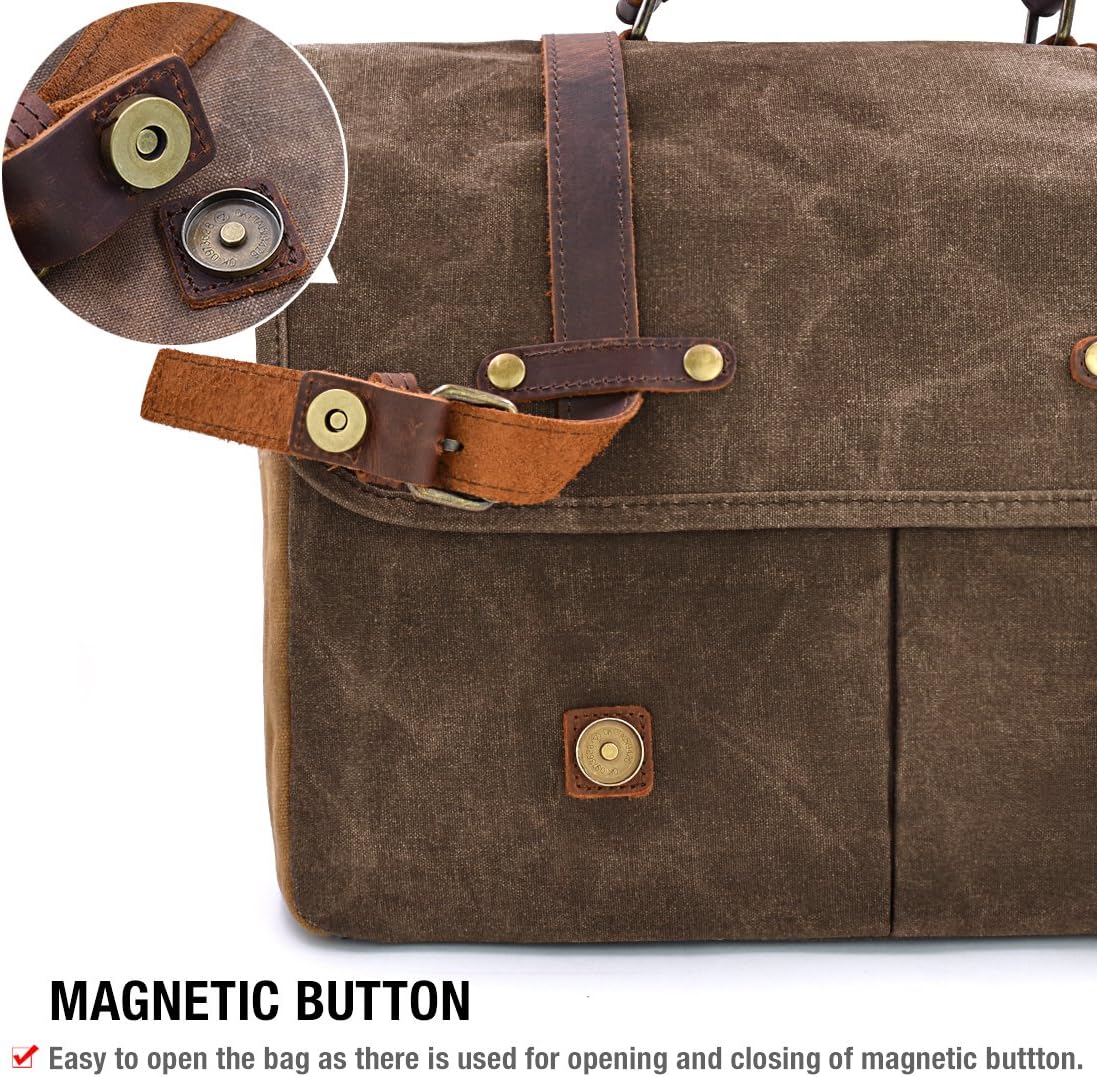 Mens Messenger Bag 15.6 Inch Waterproof Vintage Genuine Leather Waxed Canvas Briefcase Large Leather Computer Laptop Bag Rugged Satchel Shoulder Bag, Brown - Image 8