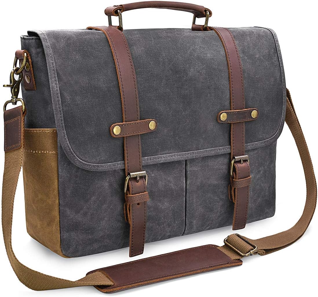Mens Messenger Bag 15.6 Inch Waterproof Vintage Genuine Leather Waxed Canvas Briefcase Large Leather Computer Laptop Bag Rugged Satchel Shoulder Bag, Brown - Image 10