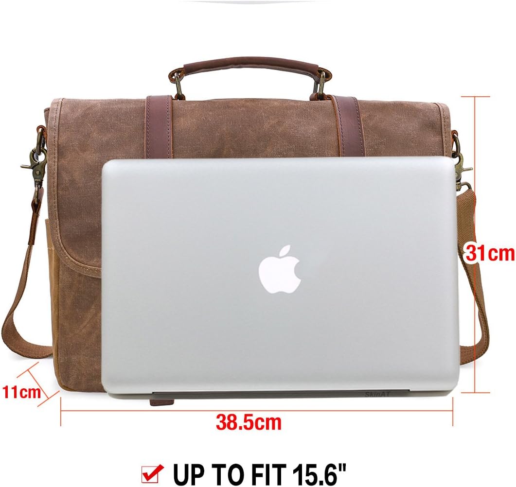 Mens Messenger Bag 15.6 Inch Waterproof Vintage Genuine Leather Waxed Canvas Briefcase Large Leather Computer Laptop Bag Rugged Satchel Shoulder Bag, Brown - Image 7