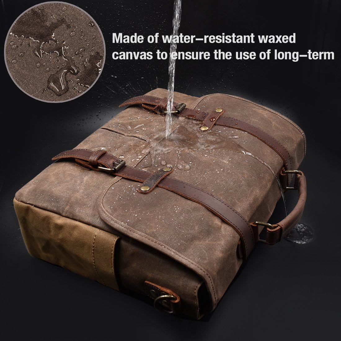 Mens Messenger Bag 15.6 Inch Waterproof Vintage Genuine Leather Waxed Canvas Briefcase Large Leather Computer Laptop Bag Rugged Satchel Shoulder Bag, Brown - Image 2