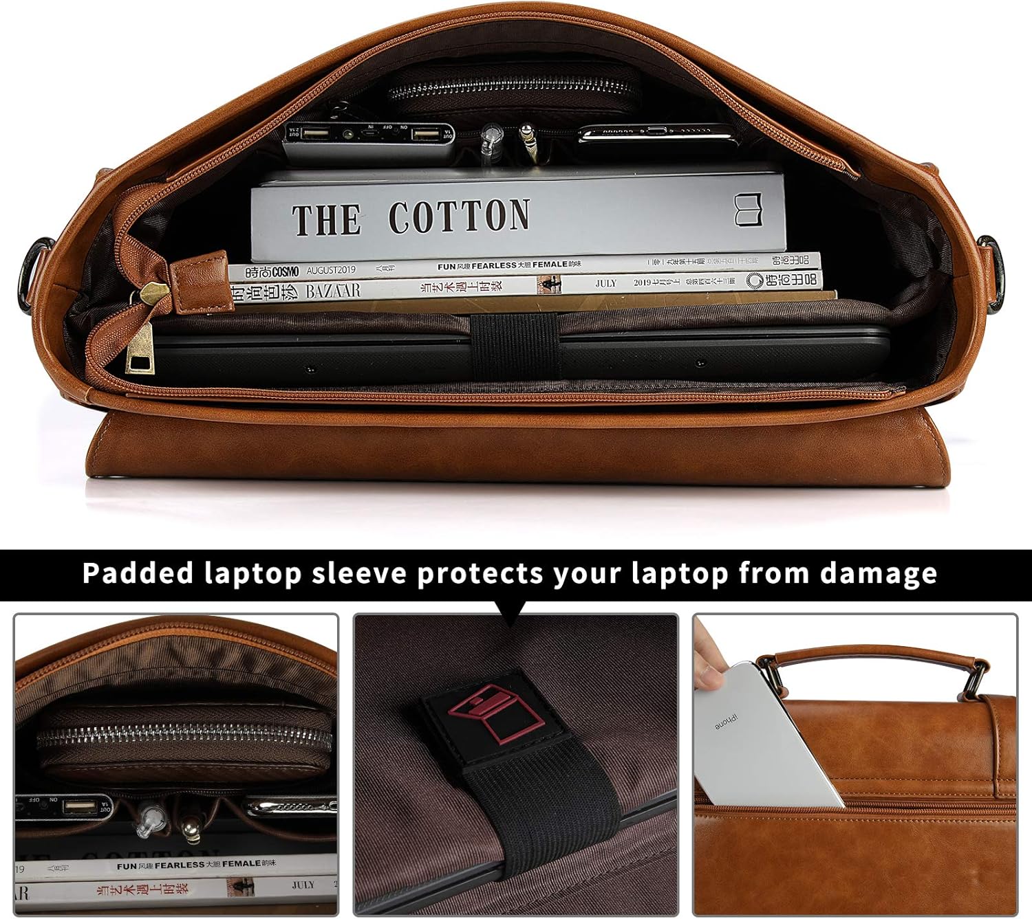 Mens Messenger Bag Vintage 15.6 Inch Waterproof Leather Laptop Briefcase Large Satchel Shoulder Bag Retro Office College Computer Bag, Brown - Image 4