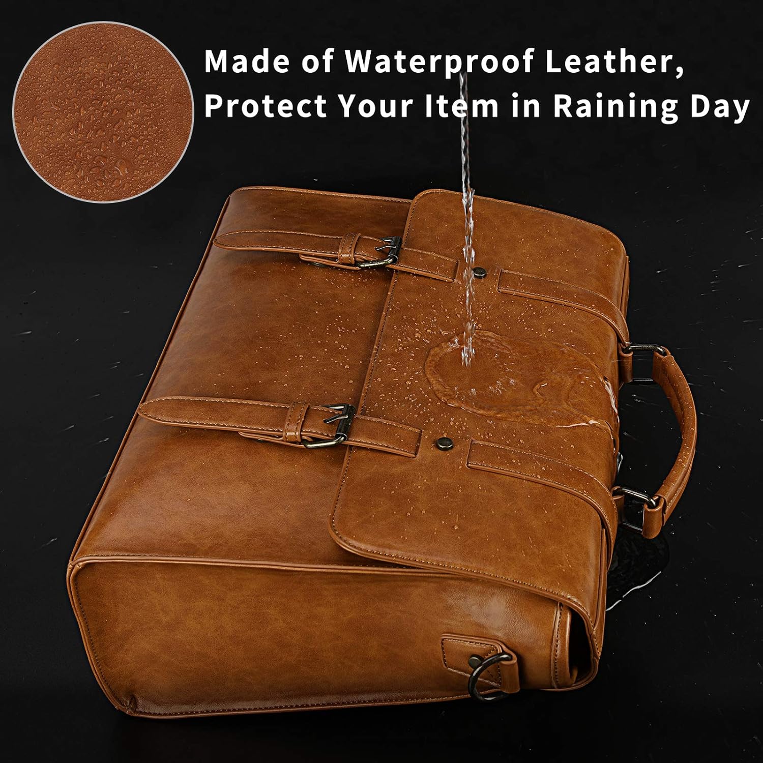 Mens Messenger Bag Vintage 15.6 Inch Waterproof Leather Laptop Briefcase Large Satchel Shoulder Bag Retro Office College Computer Bag, Brown - Image 2