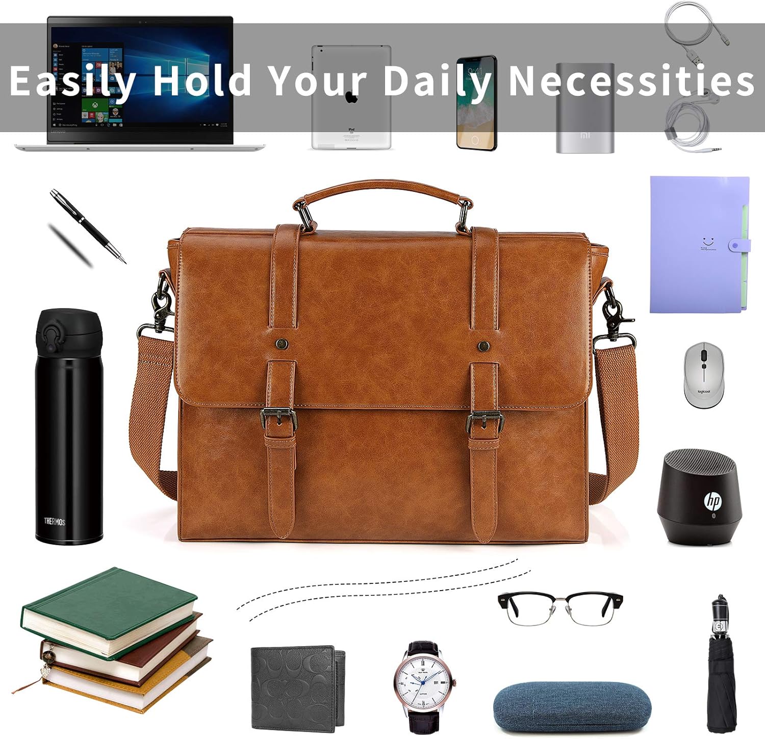 Mens Messenger Bag Vintage 15.6 Inch Waterproof Leather Laptop Briefcase Large Satchel Shoulder Bag Retro Office College Computer Bag, Brown - Image 3