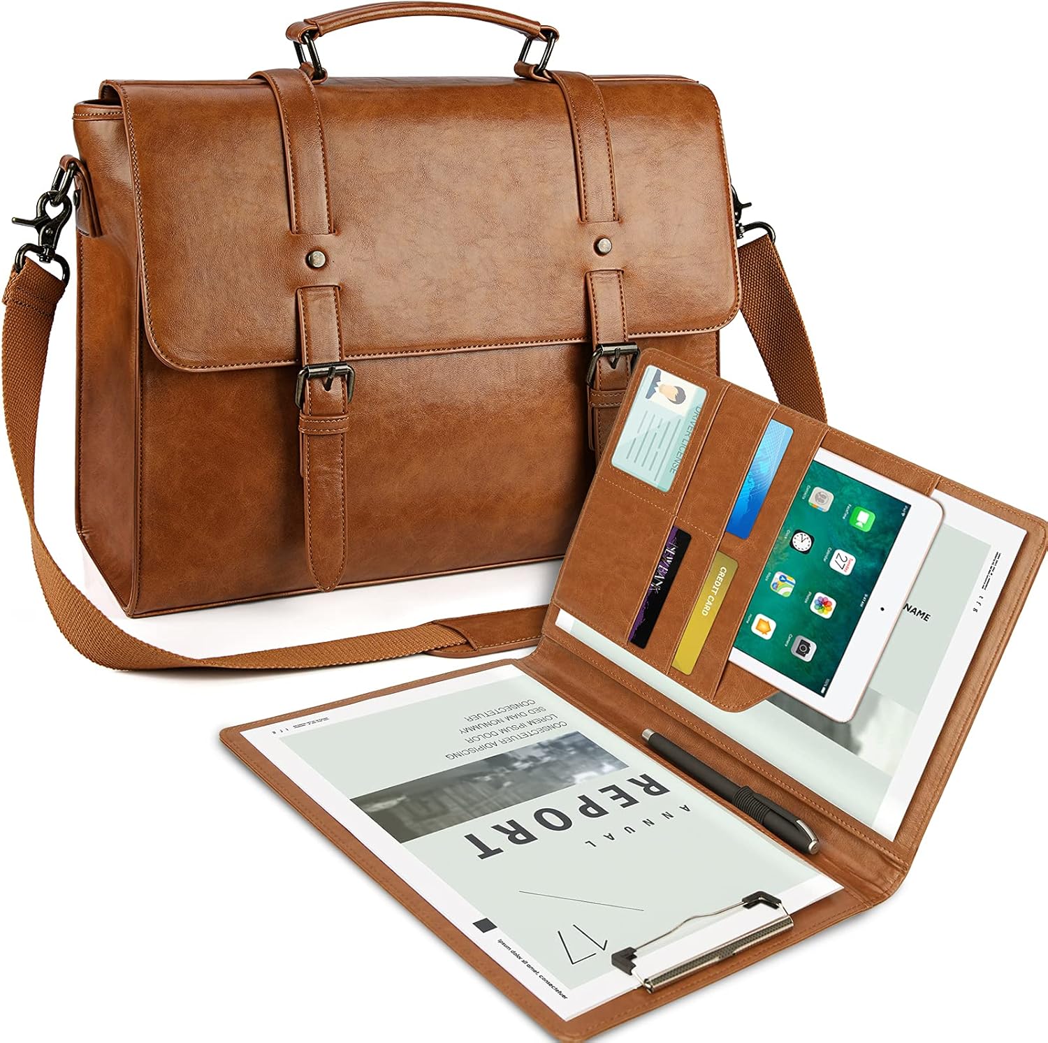 Mens Messenger Bag Vintage 15.6 Inch Waterproof Leather Laptop Briefcase Large Satchel Shoulder Bag Retro Office College Computer Bag, Brown - Image 9