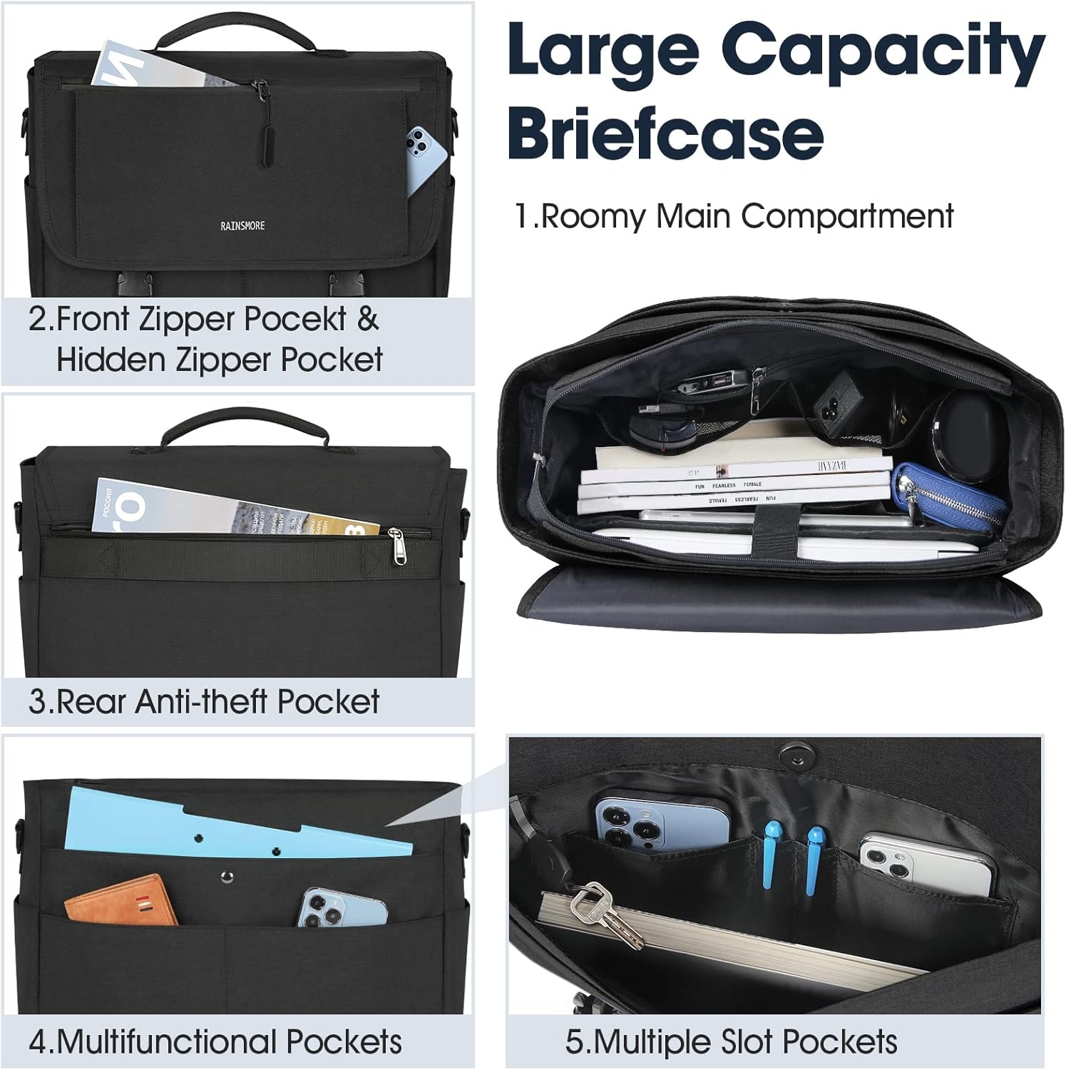 Messenger Bag for Men Messenger Bag 15.6 Inch Water Resistant Laptop Bag Casual Satchel Bags for Men Large College Computer Bag Office Work Briefcase Fashion Crossbody Shoulder Handbag, Black - Image 3