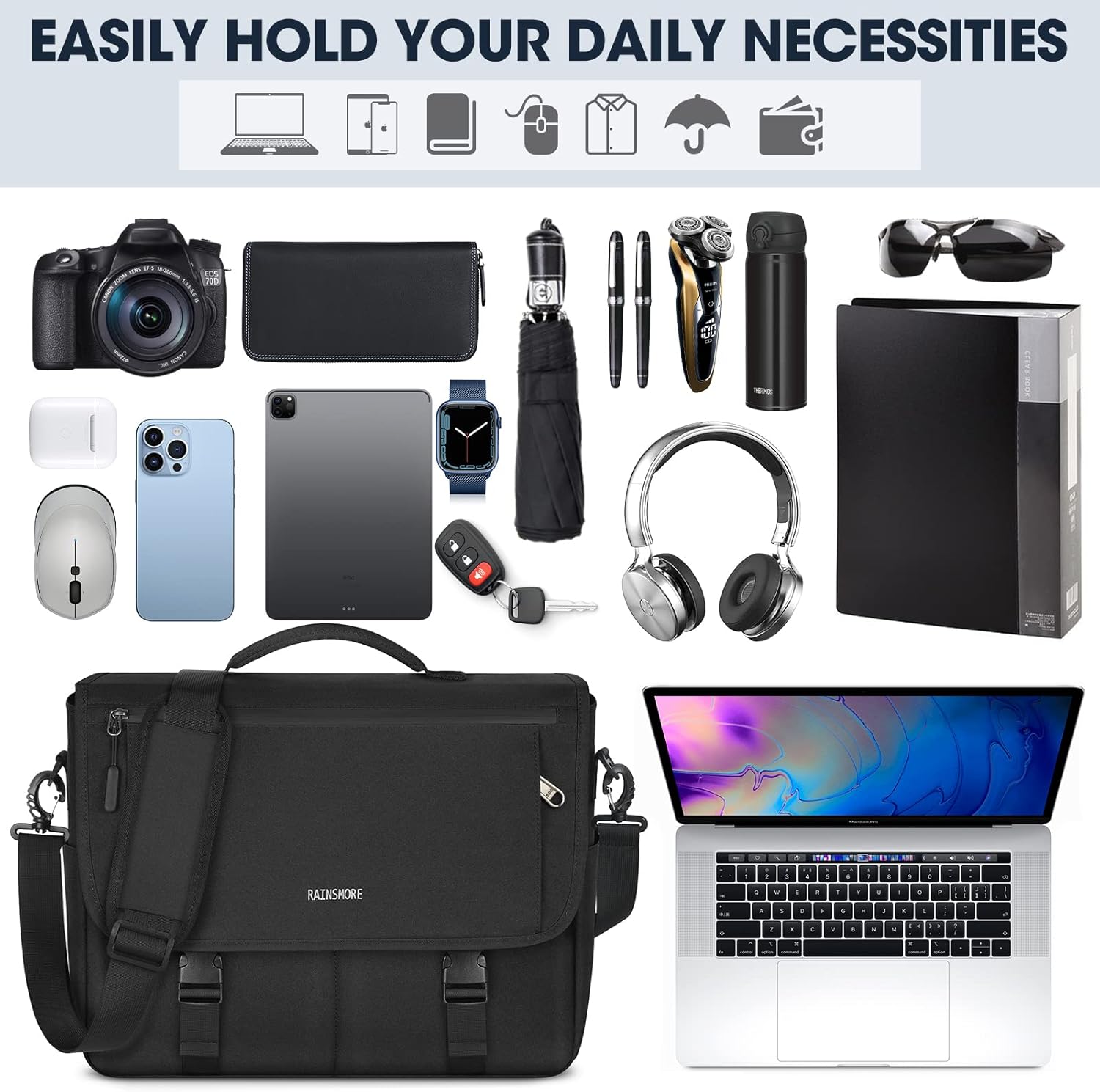 Messenger Bag for Men Messenger Bag 15.6 Inch Water Resistant Laptop Bag Casual Satchel Bags for Men Large College Computer Bag Office Work Briefcase Fashion Crossbody Shoulder Handbag, Black - Image 7