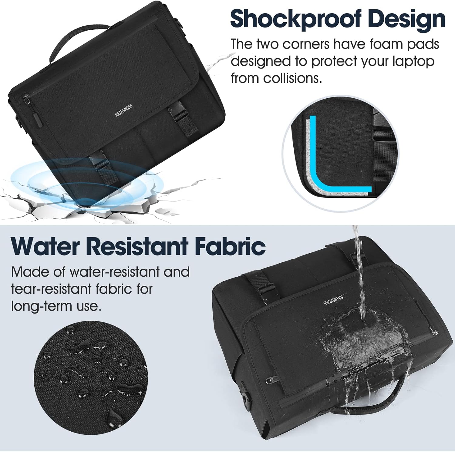Messenger Bag for Men Messenger Bag 15.6 Inch Water Resistant Laptop Bag Casual Satchel Bags for Men Large College Computer Bag Office Work Briefcase Fashion Crossbody Shoulder Handbag, Black - Image 2