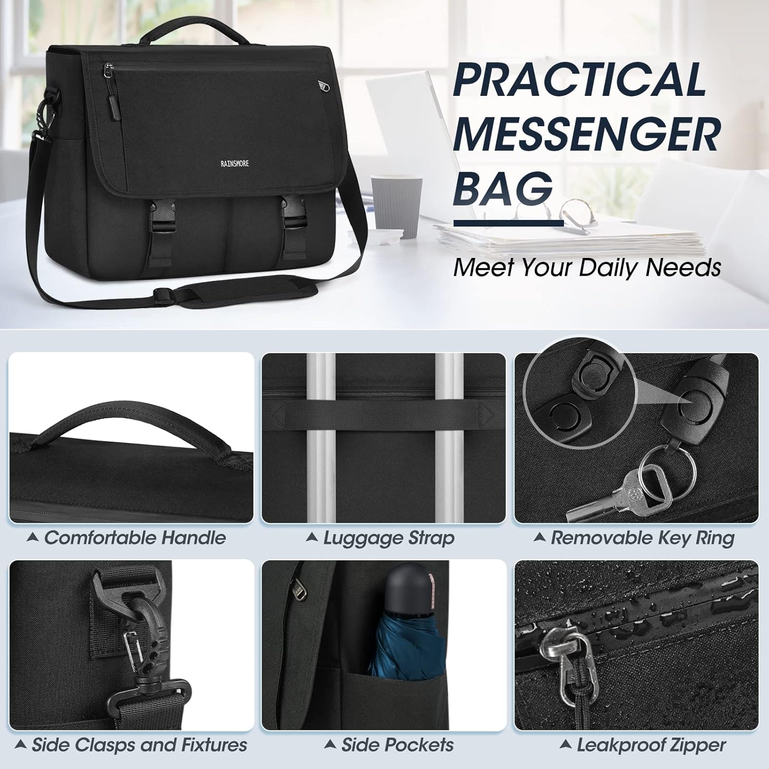 Messenger Bag for Men Messenger Bag 15.6 Inch Water Resistant Laptop Bag Casual Satchel Bags for Men Large College Computer Bag Office Work Briefcase Fashion Crossbody Shoulder Handbag, Black - Image 4