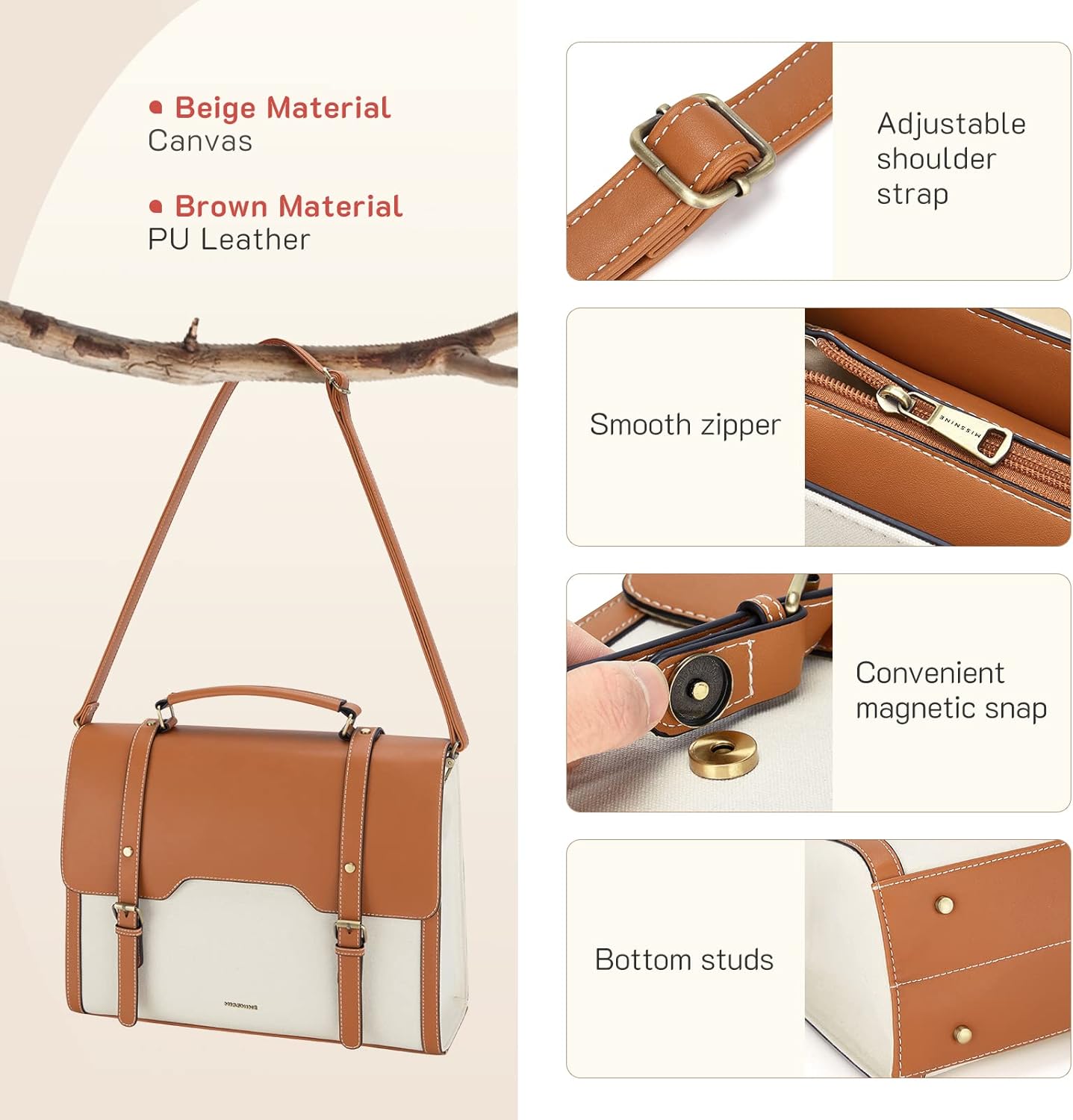 Missnine Laptop Bag 15.6 inch Canvas Messenger Bag for Women Professional Work Bag Shoulder Bag Travel, Office, School - Image 5