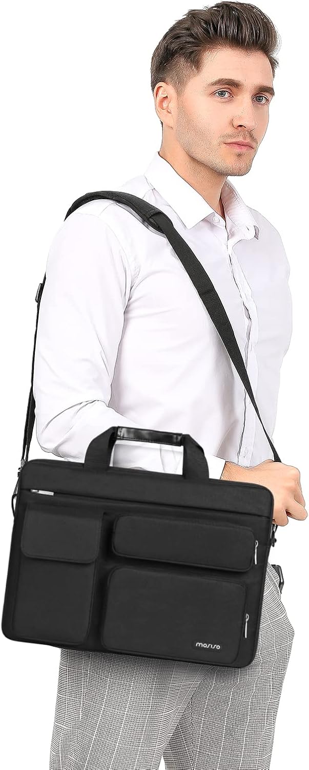 MOSISO Laptop Shoulder Messenger Bag Compatible with MacBook Air 15 inch M2 A2941 2023\/Pro 16 2023-2019, 15-15.6 inch Notebook with 2 Raised&1 Flapover&1 Horizontal Pocket&Handle&Belt, Black - Image 5