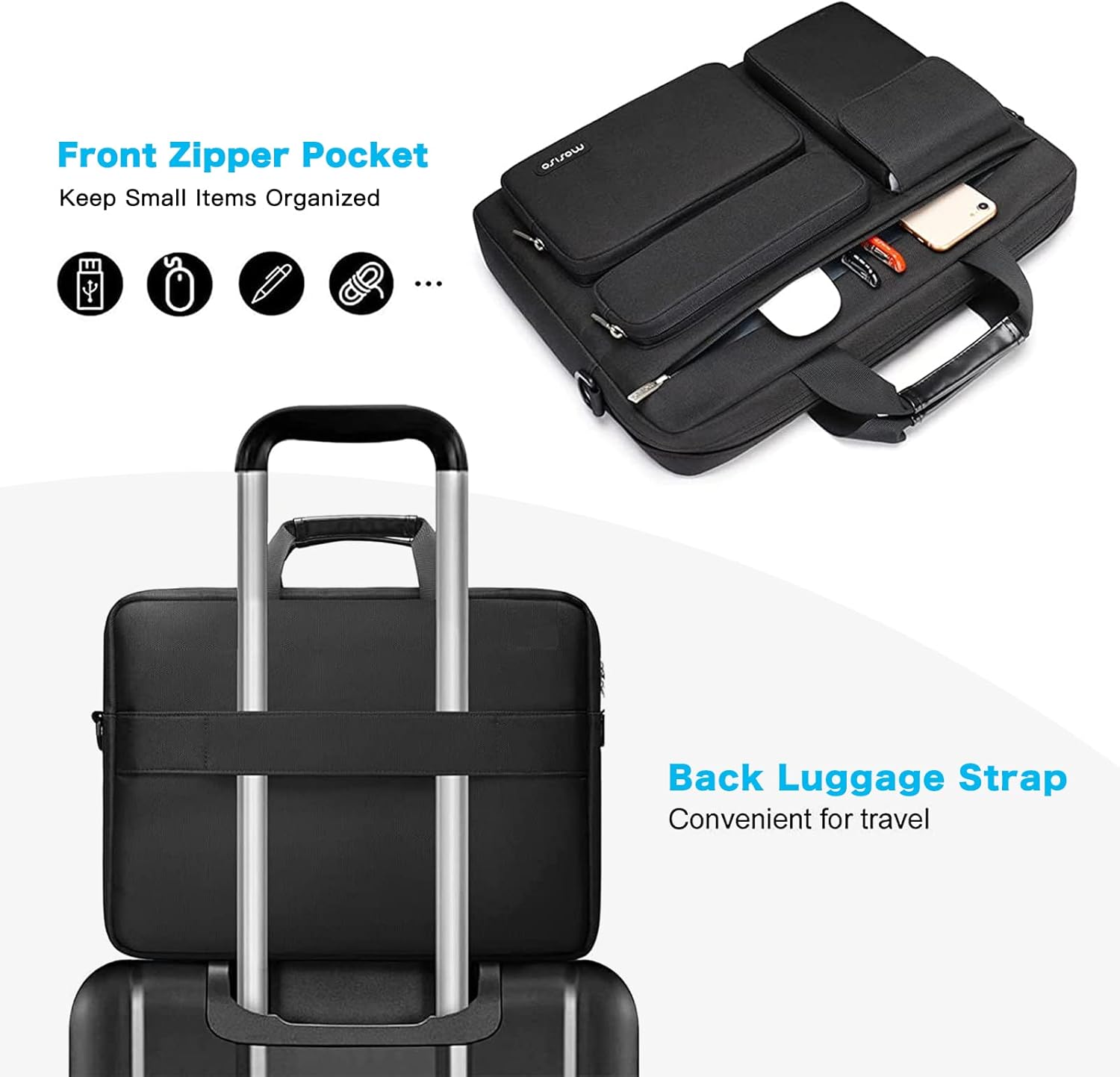 MOSISO Laptop Shoulder Messenger Bag Compatible with MacBook Air 15 inch M2 A2941 2023\/Pro 16 2023-2019, 15-15.6 inch Notebook with 2 Raised&1 Flapover&1 Horizontal Pocket&Handle&Belt, Black - Image 2