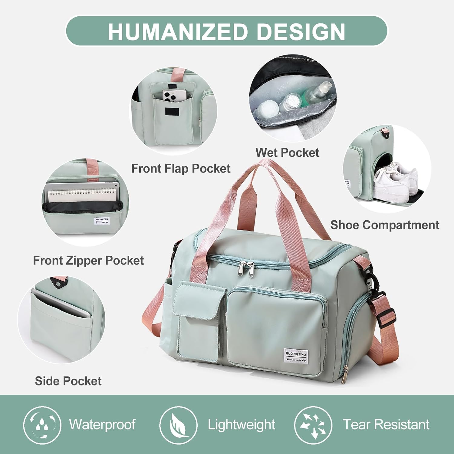 Small Gym Bag for Women, Waterproof Duffle Bag Carry On Weekender Bag with Shoe Compartment & Wet Pocket, Tote Bag for Travel, Workout, Sport - Image 5