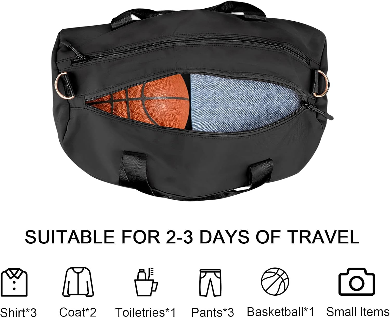 TINNIVI Sports Gym Bag Travel Duffel Bag Waterproof Weekender Overnight Tote Carry On Bag with Wet Pocket & Shoes Compartment for Men Women Lightweight Adjustable Strap (Black) - Image 5