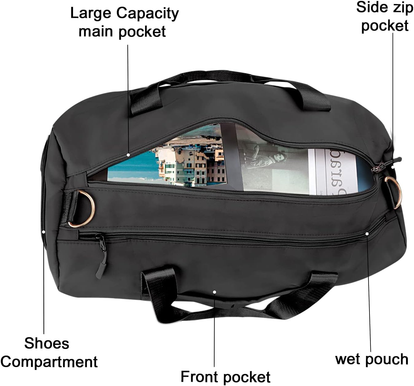 TINNIVI Sports Gym Bag Travel Duffel Bag Waterproof Weekender Overnight Tote Carry On Bag with Wet Pocket & Shoes Compartment for Men Women Lightweight Adjustable Strap (Black) - Image 2