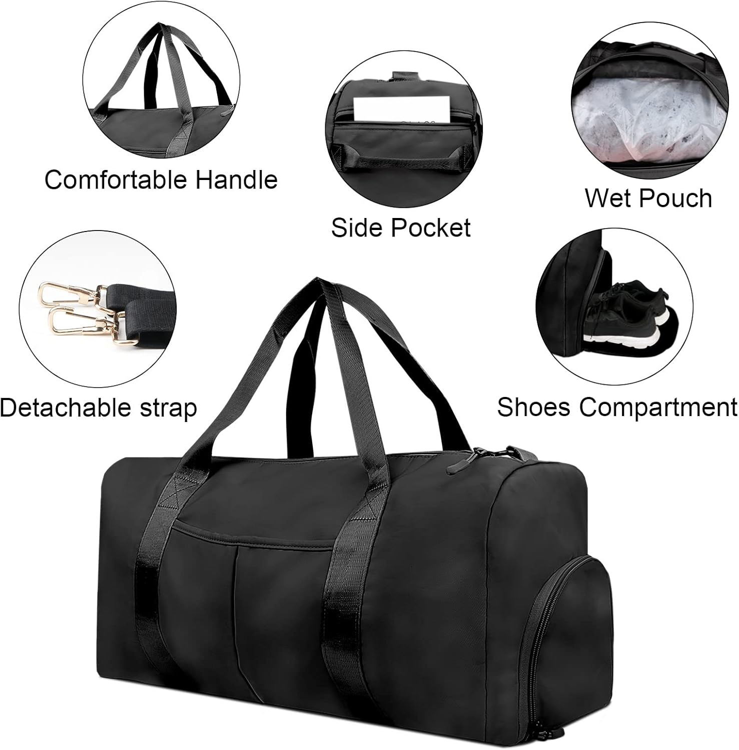 TINNIVI Sports Gym Bag Travel Duffel Bag Waterproof Weekender Overnight Tote Carry On Bag with Wet Pocket & Shoes Compartment for Men Women Lightweight Adjustable Strap (Black) - Image 4