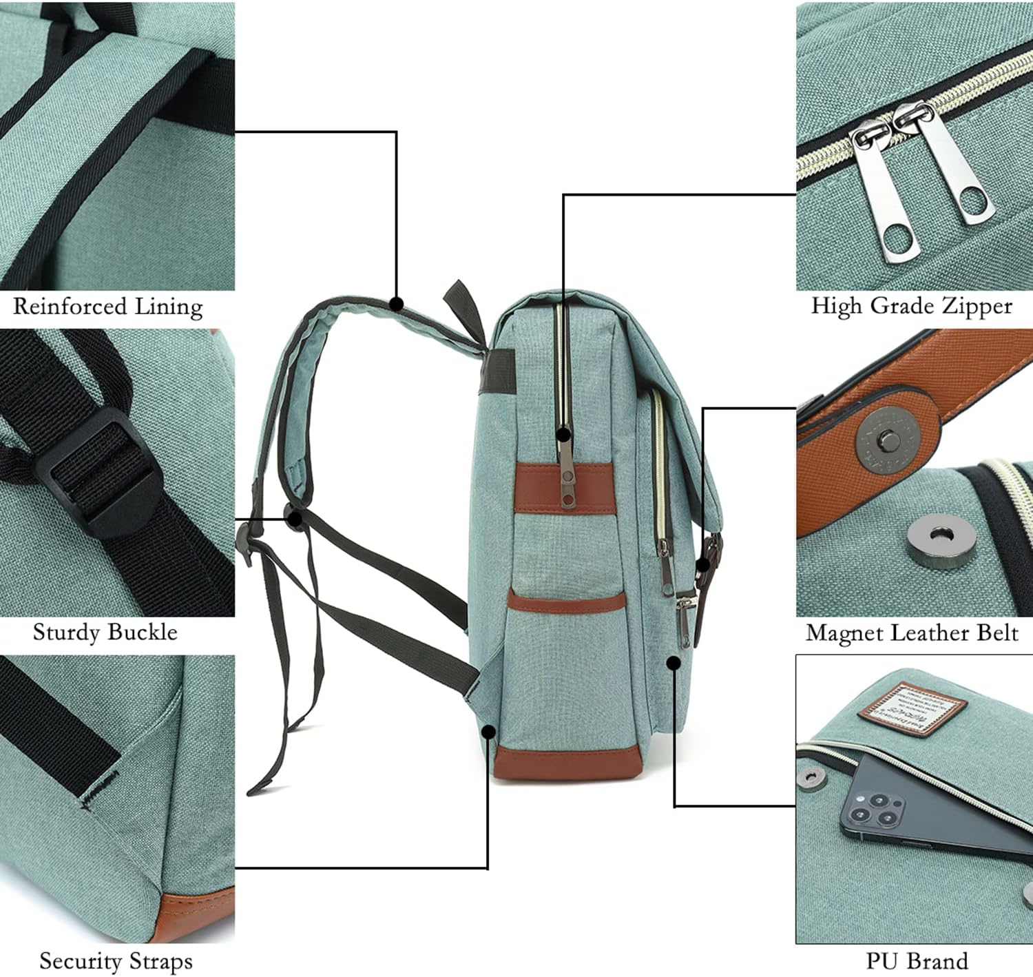 UGRACE Slim Business Laptop Backpack Elegant Casual Daypacks Outdoor Sports Rucksack College Shoulder Bag for Men Women, Tear Resistant Unique Travelling Backpack Fits up to 15.6Inch Laptop in Green\u2026 - Image 5