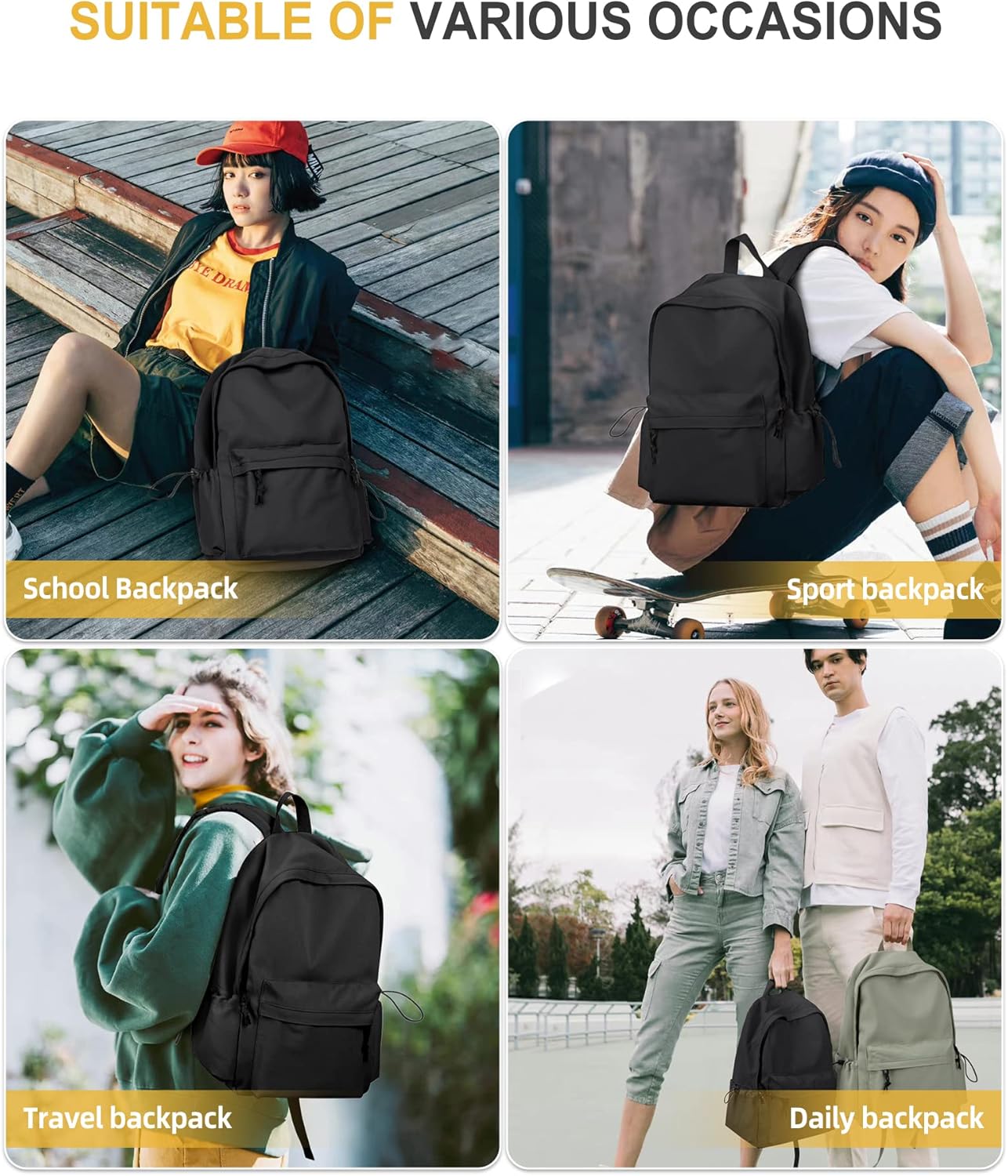 VECAVE School Backpack Black Waterproof Bookbag Casual Lightweight Travel Rucksack Daypack Backpacks for Men Women College High School Bags backpack for Boys Girls Teens - Image 7