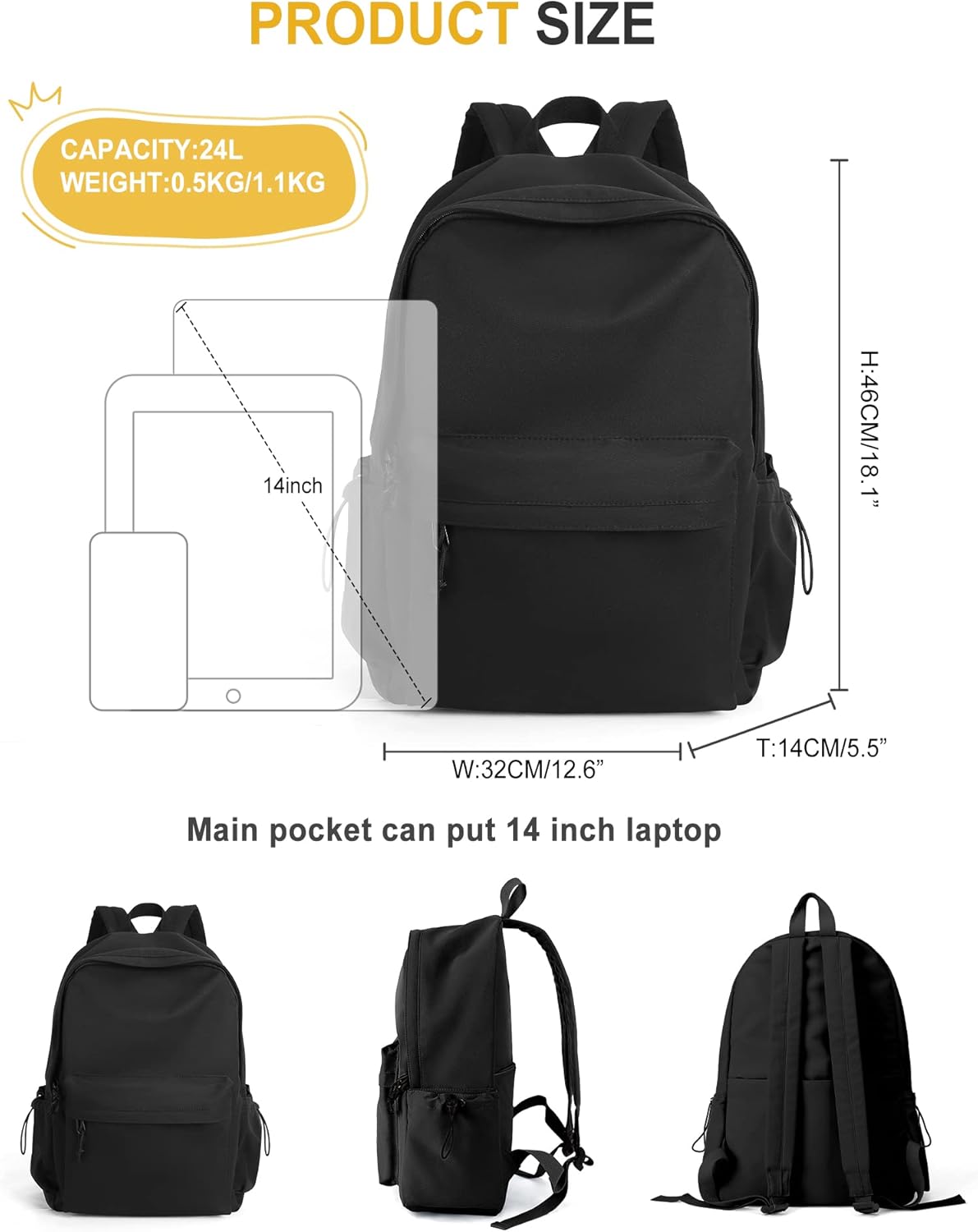 VECAVE School Backpack Black Waterproof Bookbag Casual Lightweight Travel Rucksack Daypack Backpacks for Men Women College High School Bags backpack for Boys Girls Teens - Image 4