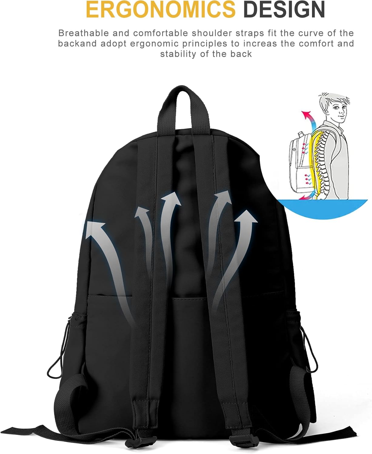 VECAVE School Backpack Black Waterproof Bookbag Casual Lightweight Travel Rucksack Daypack Backpacks for Men Women College High School Bags backpack for Boys Girls Teens - Image 5