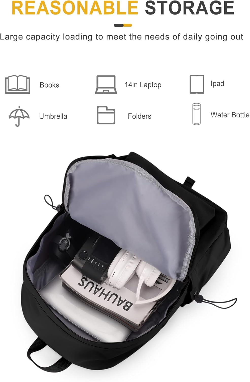 VECAVE School Backpack Black Waterproof Bookbag Casual Lightweight Travel Rucksack Daypack Backpacks for Men Women College High School Bags backpack for Boys Girls Teens - Image 2
