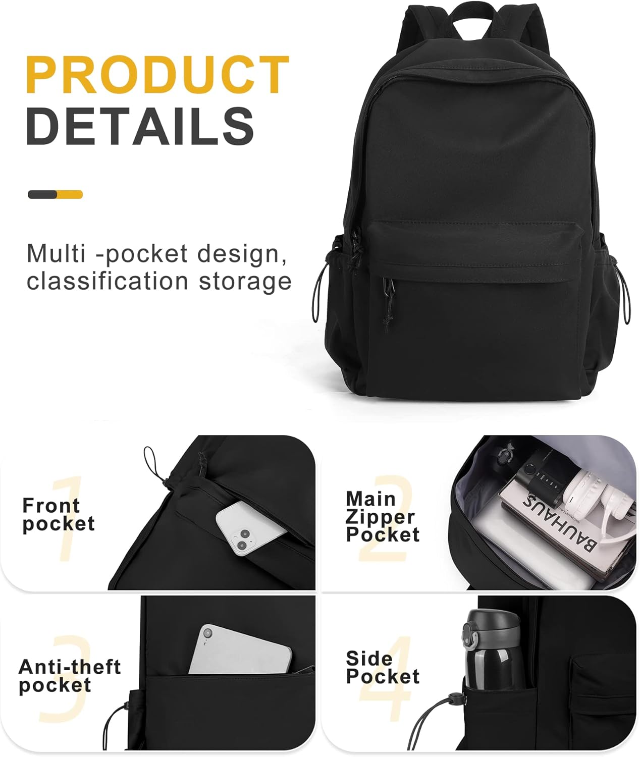 VECAVE School Backpack Black Waterproof Bookbag Casual Lightweight Travel Rucksack Daypack Backpacks for Men Women College High School Bags backpack for Boys Girls Teens - Image 3