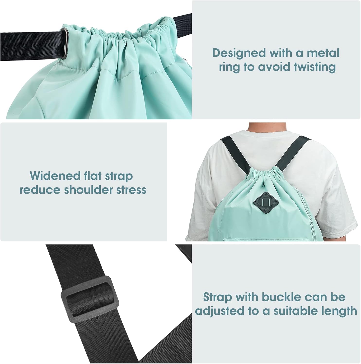 WANDF Drawstring Backpack Sports Gym Bag with Shoes Compartment, Water-Resistant String Backpack Cinch for Women Men (Large,Mint green) - Image 5