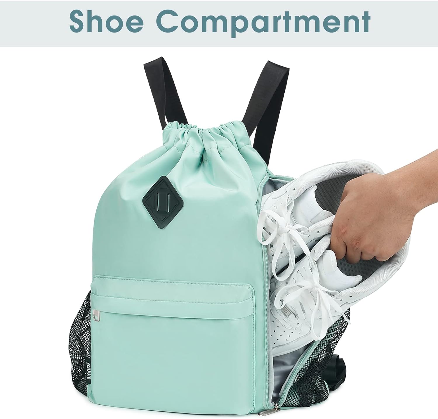 WANDF Drawstring Backpack Sports Gym Bag with Shoes Compartment, Water-Resistant String Backpack Cinch for Women Men (Large,Mint green) - Image 3