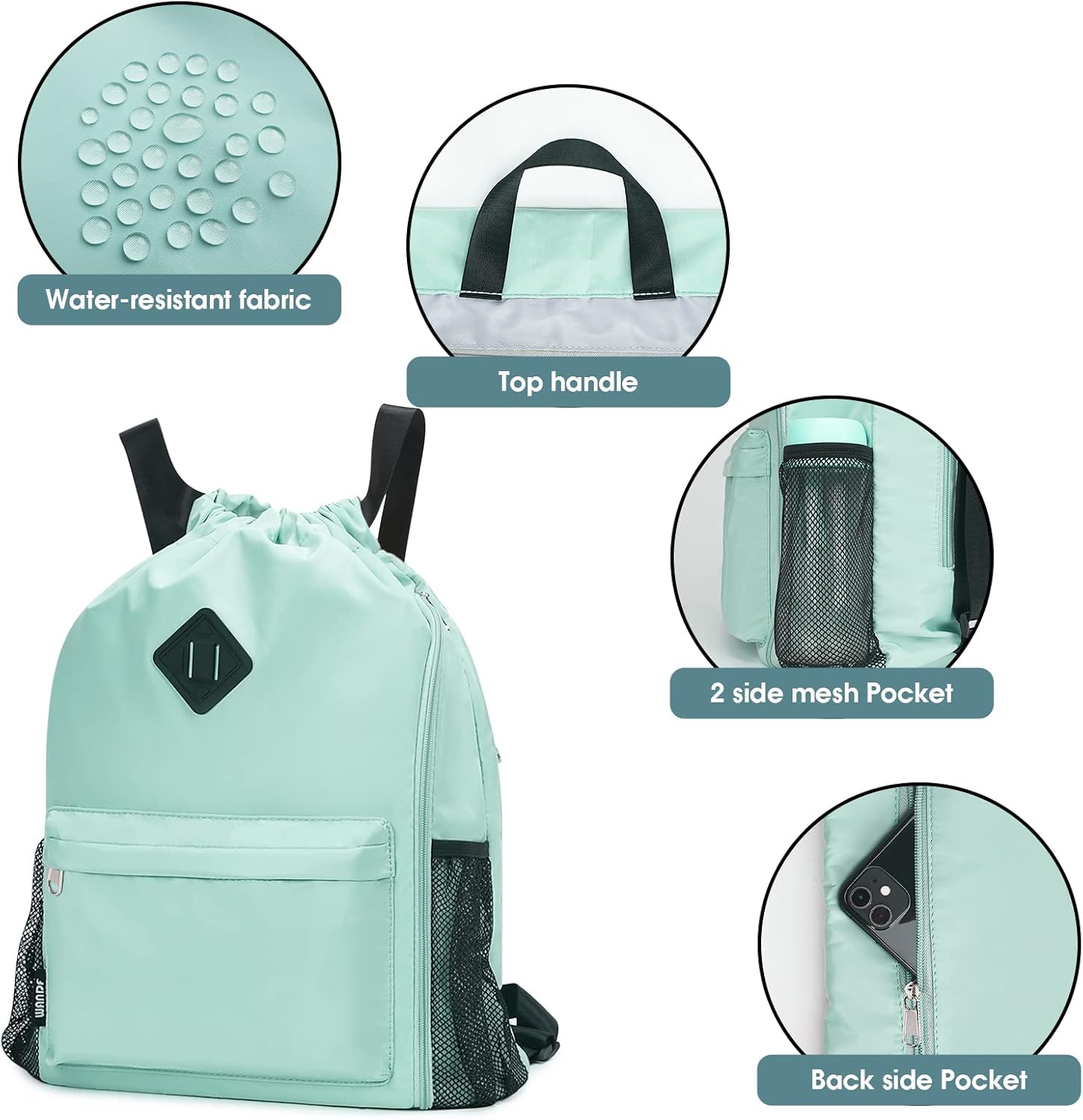 WANDF Drawstring Backpack Sports Gym Bag with Shoes Compartment, Water-Resistant String Backpack Cinch for Women Men (Large,Mint green) - Image 6